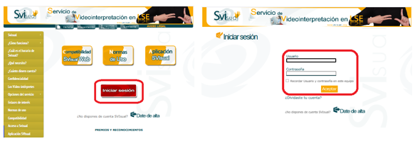 Botn iniciar sesin en web SVIsual y campos para introducir credenciales